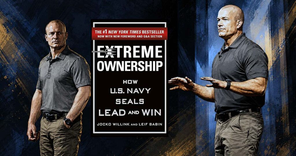 Illustrated featured image showing two military-style speakers beside the book Extreme Ownership with a large “Review” stamp