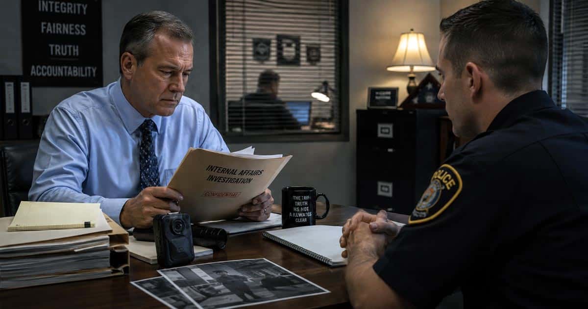 Police officer seated across from an investigator during an Internal Affairs investigation