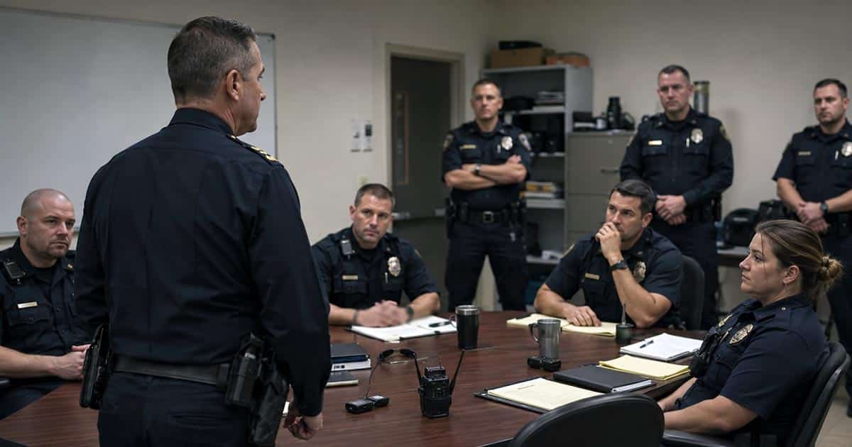 New police chief addressing guarded officers during a department briefing