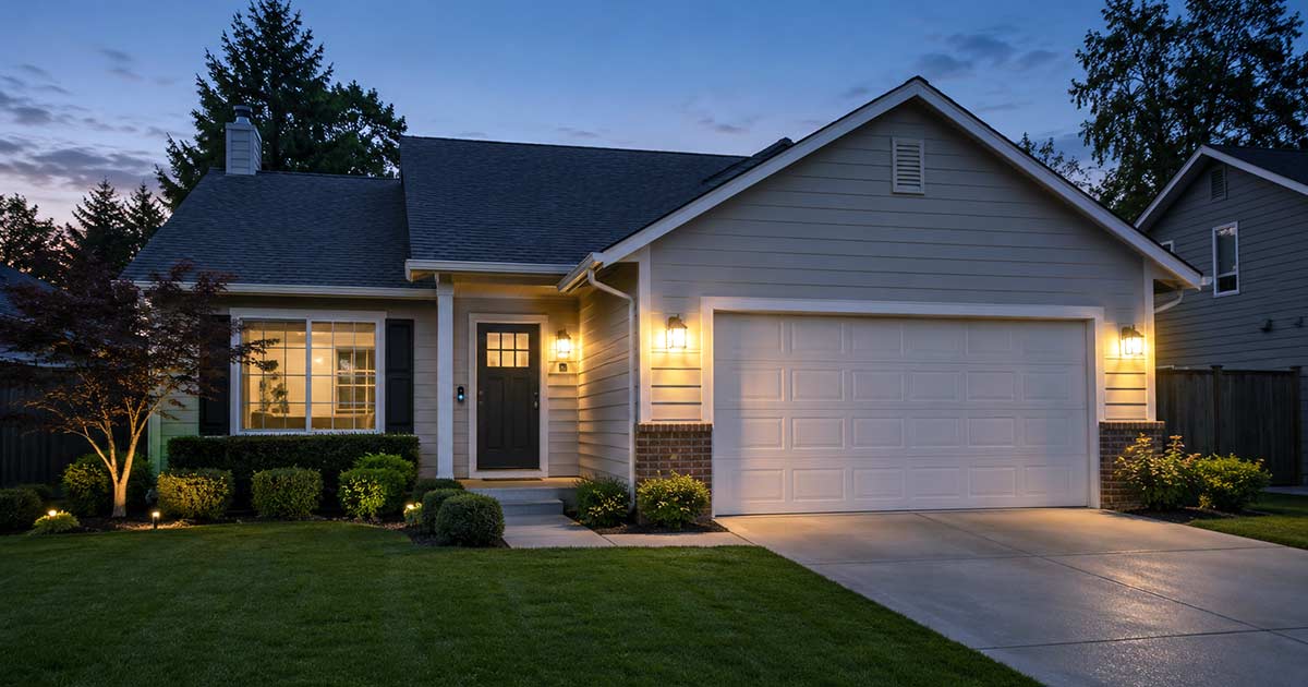 Well-lit home at dusk with trimmed shrubs, closed garage, and visible doorbell camera