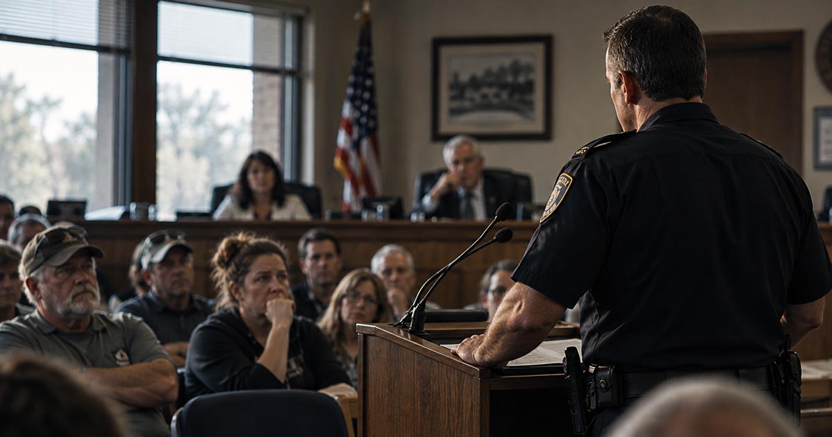 A police chief addresses concerned residents at a public meeting as community members listen with serious expressions.