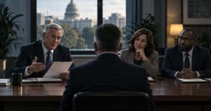 Police chief candidate faces a three-person selection panel during a formal interview.