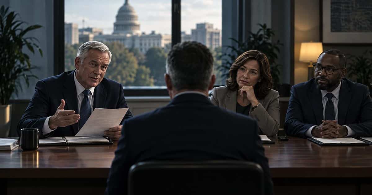 Police chief candidate faces a three-person selection panel during a formal interview.