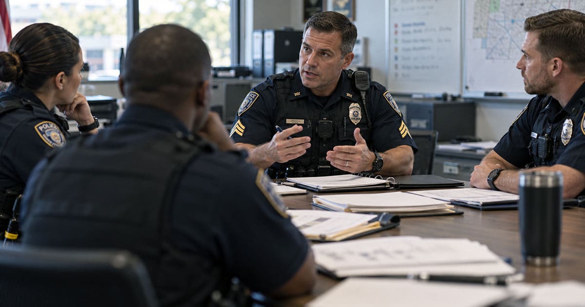 Police sergeant leading a team briefing with several officers seated around a conference table.