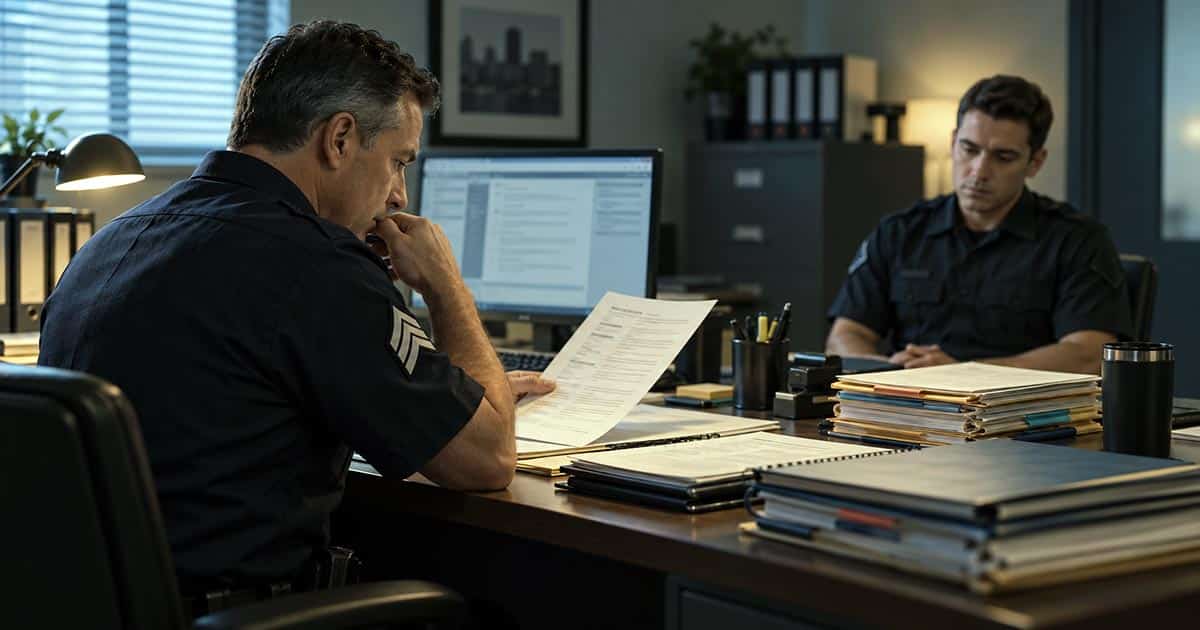 Police sergeant reviewing reports while an officer sits across the desk, illustrating police supervision and sergeant accountability.