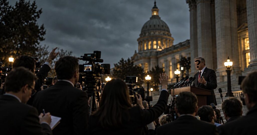 Politician answers questions from a crowded reporter pool outside a government building at dusk.