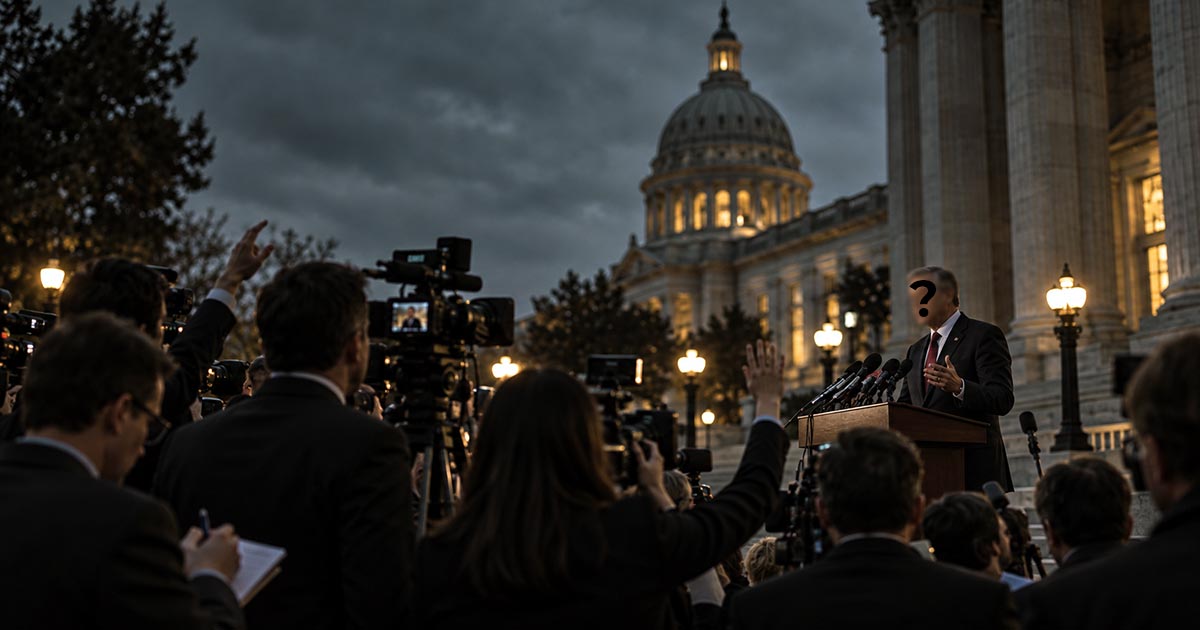 Politician answers questions from a crowded reporter pool outside a government building at dusk.
