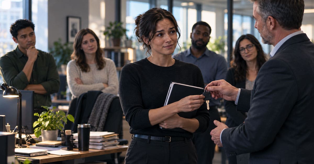 Top employee receiving an office key during a promotion while coworkers look uncertain, illustrating the risk of promoting your best employee into leadership.