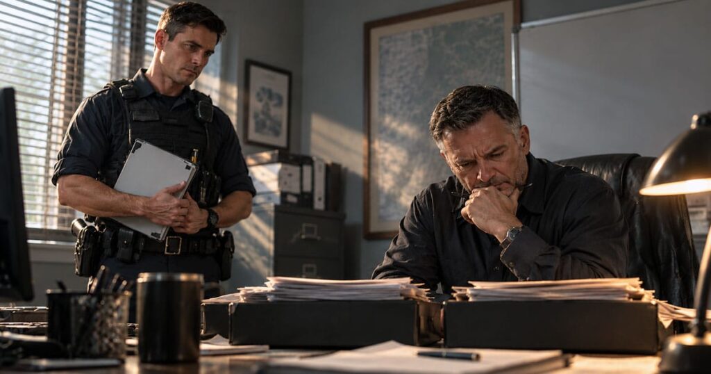 Officer waits with a clipboard while a supervisor sits behind a desk surrounded by files.