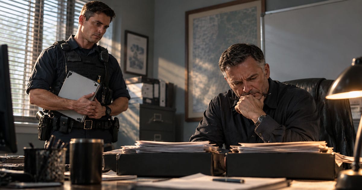 Officer waits with a clipboard while a supervisor sits behind a desk surrounded by files.