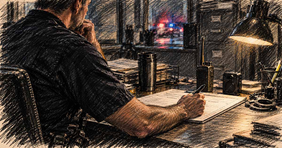 Police officer writing a report at a desk with police equipment nearby.