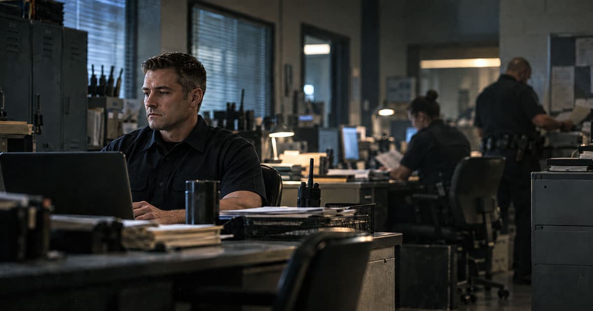 Police officer sits alone at a laptop while other officers work in the station behind him.