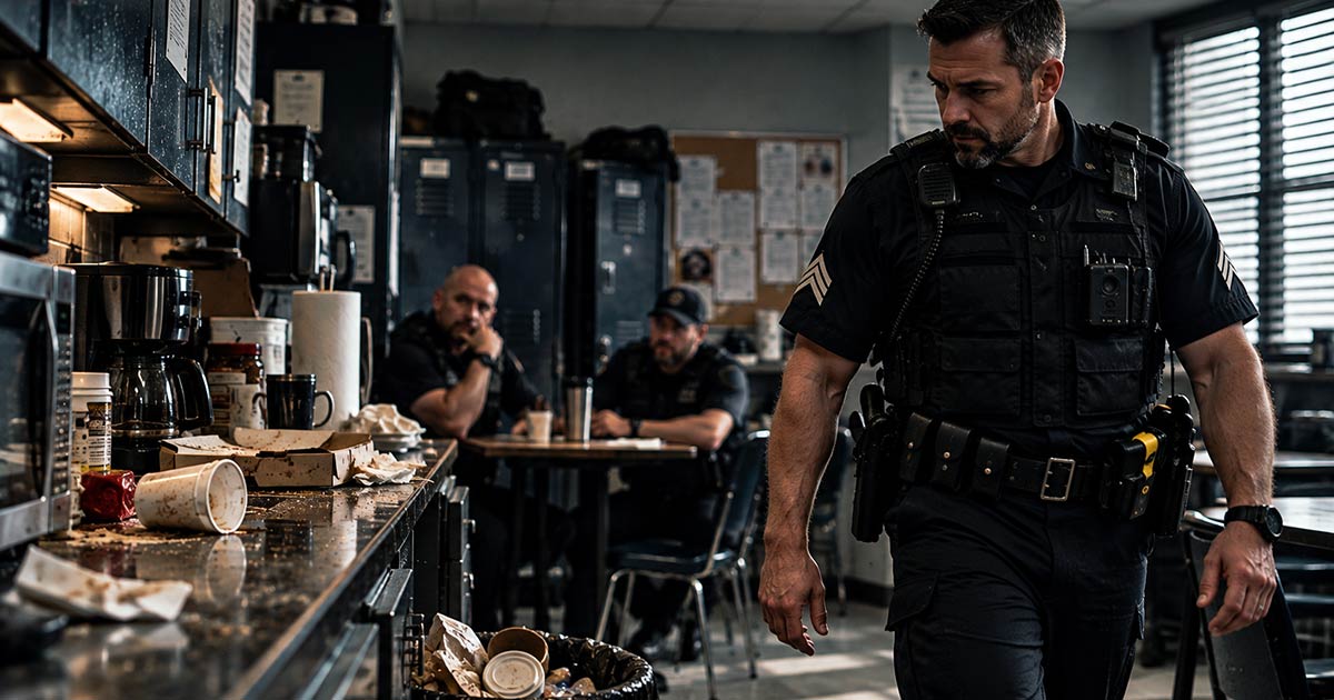 Police supervisor walking past a messy break-room counter while two officers watch.