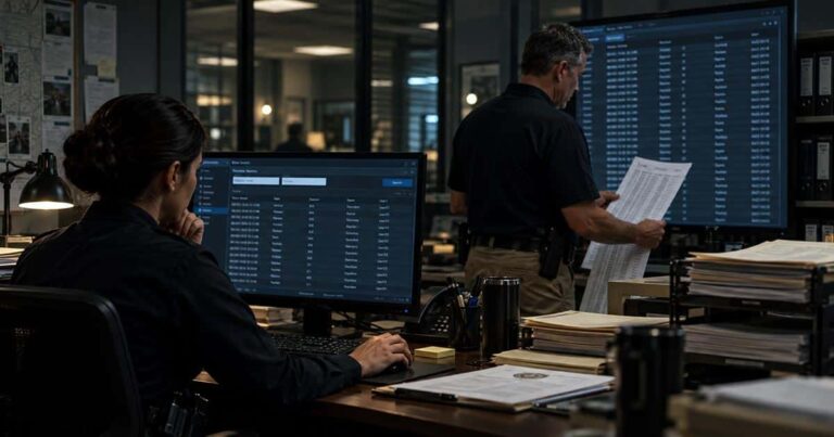 Police employee reviews license plate search records while a supervisor examines an audit log.
