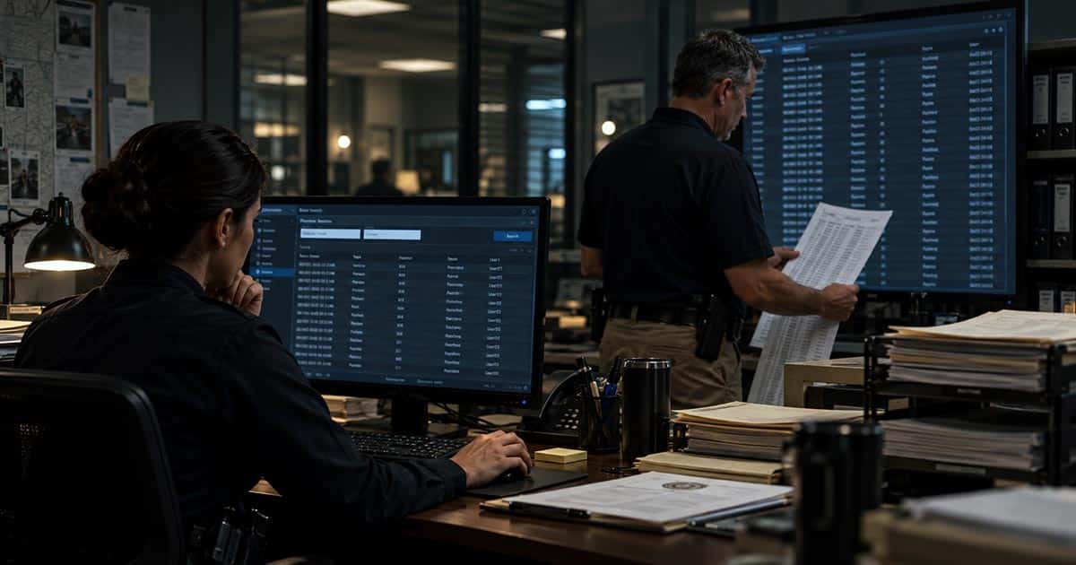 Police employee reviews license plate search records while a supervisor examines an audit log.