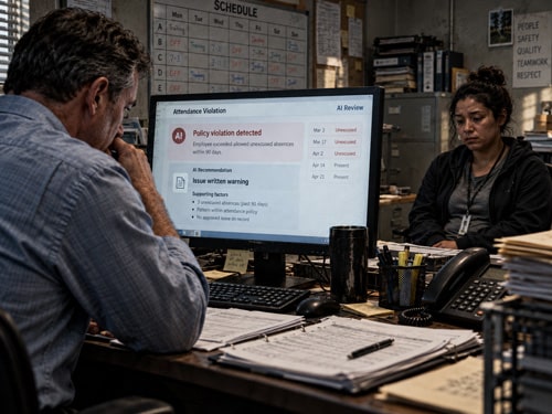 Manager reviewing an AI-generated attendance violation and disciplinary recommendation with an employee.