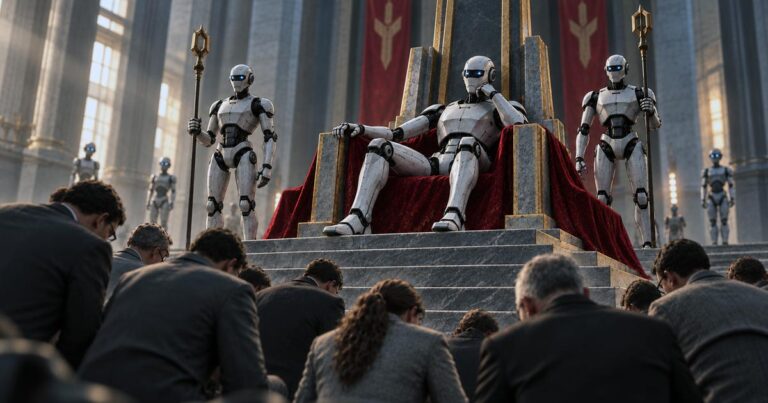 A white humanoid robot sits on a throne flanked by robot guards while a group of people gathers below.