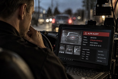 Police officer reviewing a Flock Safety license plate alert on a patrol vehicle computer before taking action.