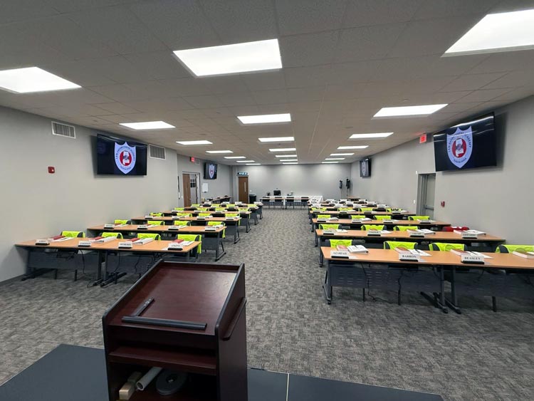 Police academy classroom set up for recruits on the first day of training
