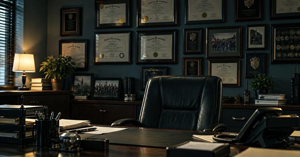 Empty leather office chair behind a wooden desk, with framed diplomas, certificates, and awards covering the wall behind it.