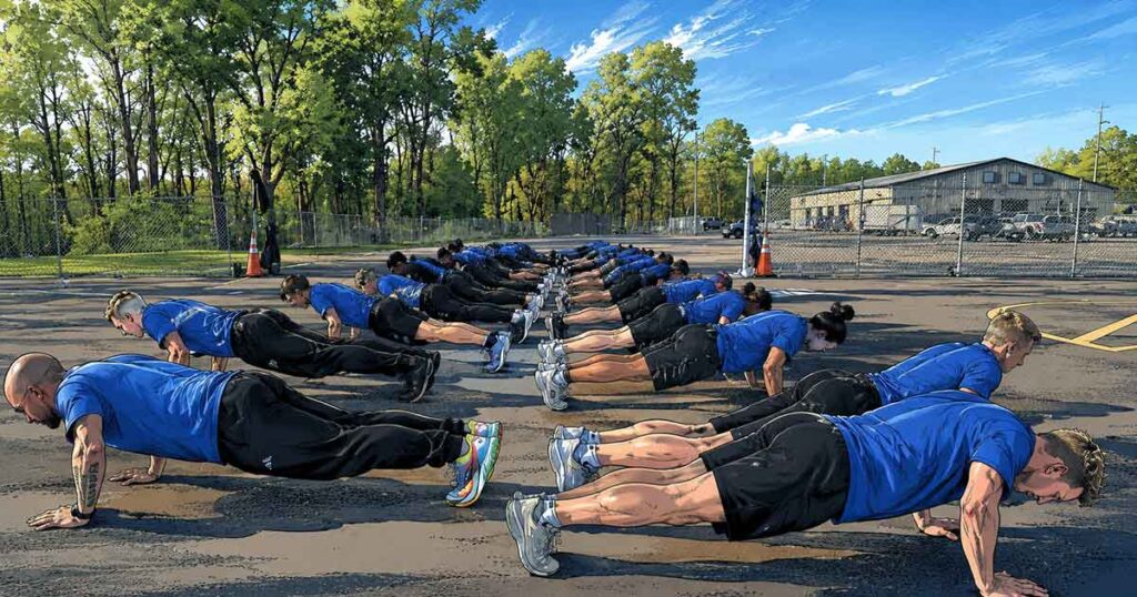 Comic-style image of police academy recruits doing push-ups during outdoor physical training