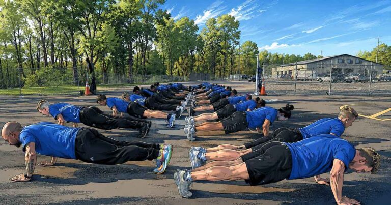Comic-style image of police academy recruits doing push-ups during outdoor physical training