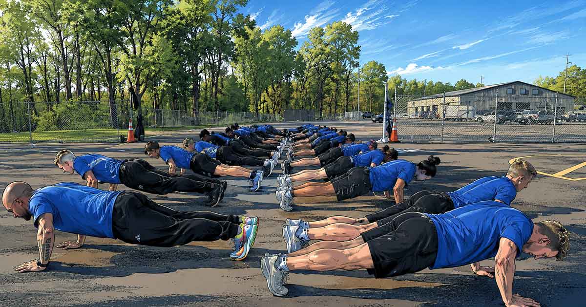 Comic-style image of police academy recruits doing push-ups during outdoor physical training