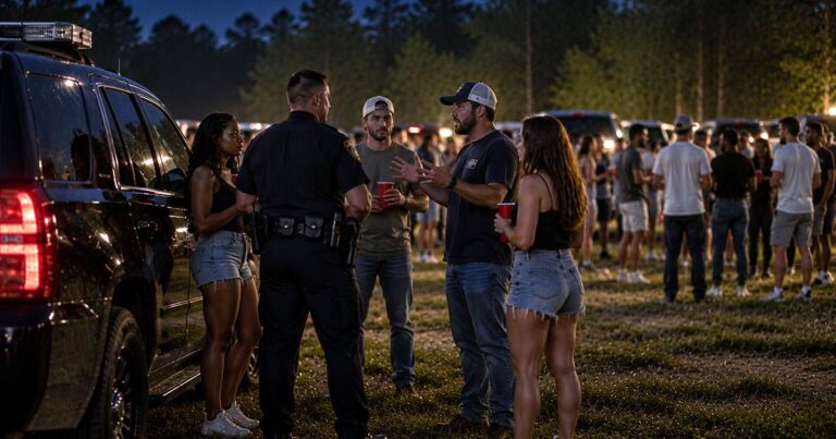 A police officer talks with four people beside a black Chevrolet Tahoe at a crowded outdoor field party at night.