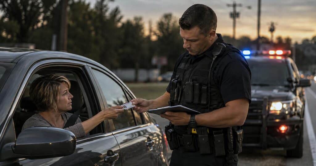 Driver hands her license to a police officer during a roadside traffic stop at dusk.