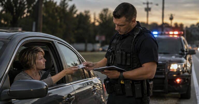 Driver hands her license to a police officer during a roadside traffic stop at dusk.