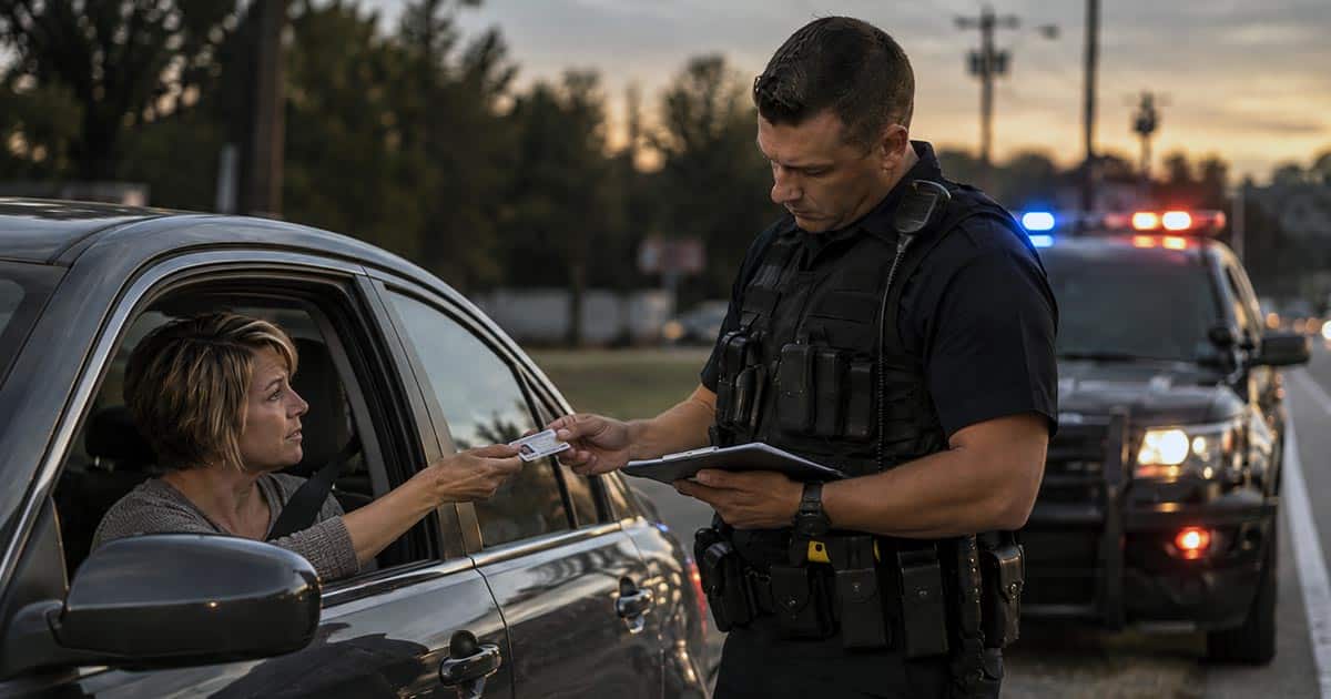 Driver hands her license to a police officer during a roadside traffic stop at dusk.