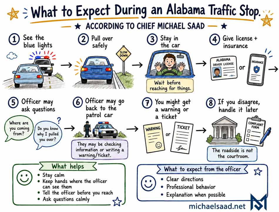Hand-drawn infographic explaining what to expect during an Alabama traffic stop, according to Chief Michael Saad