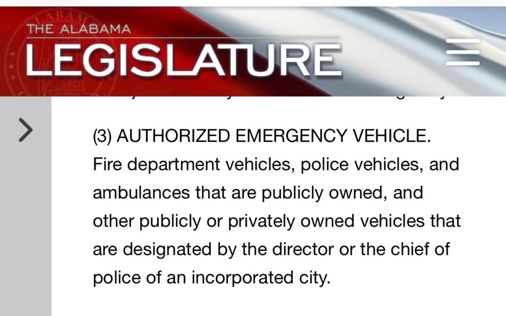 Definition of an authorized emergency vehicle as defined by the Alabama Legislature