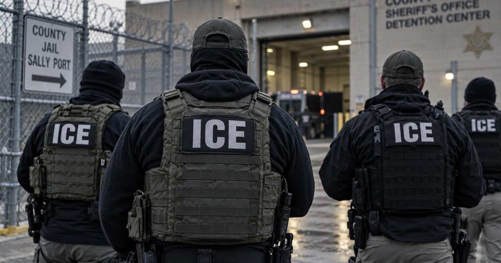 ICE agents outside a county jail detention center near a secure vehicle entrance.