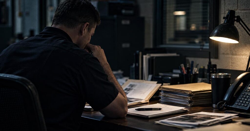 Police officer seated at a dimly lit desk, reviewing case files and photographs with paperwork spread across the surface.