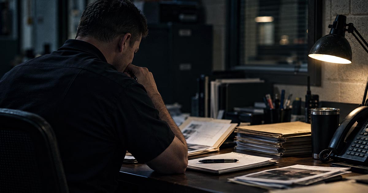 Police officer seated at a dimly lit desk, reviewing case files and photographs with paperwork spread across the surface.