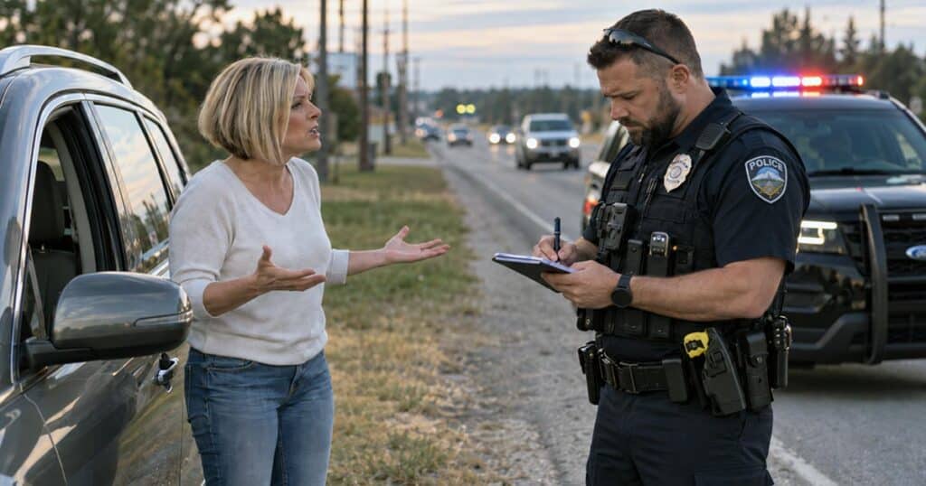 Police officer writing a traffic citation while a woman argues beside her stopped vehicle on the roadside.