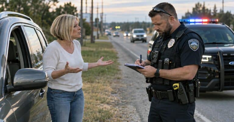 Police officer writing a traffic citation while a woman argues beside her stopped vehicle on the roadside.