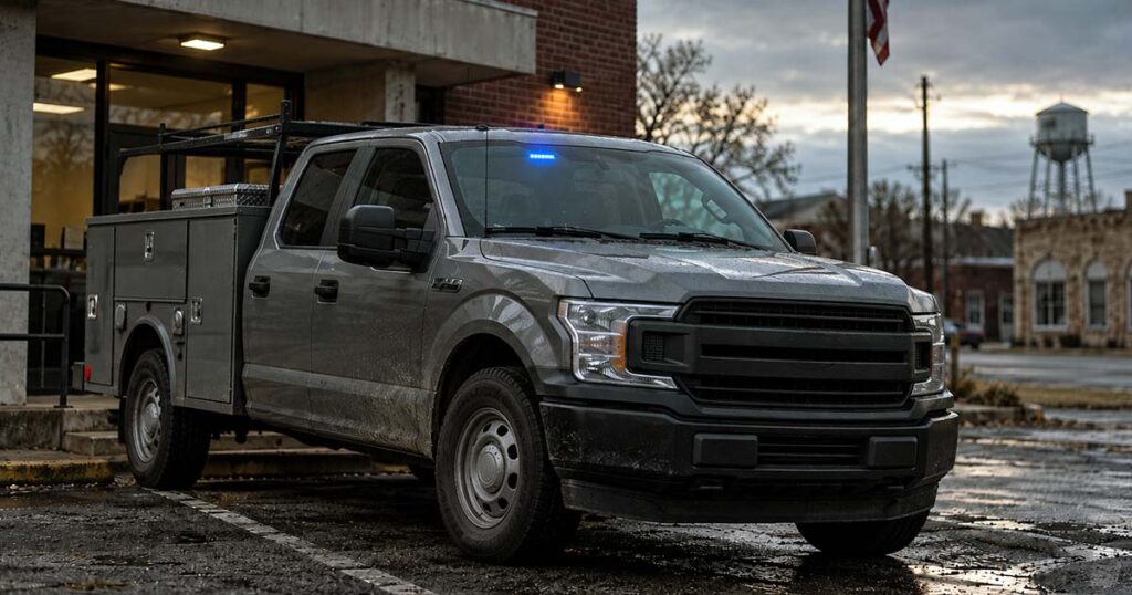 Gray utility work truck with storage compartments, ladder rack, and a blue emergency light illuminated behind the windshield.