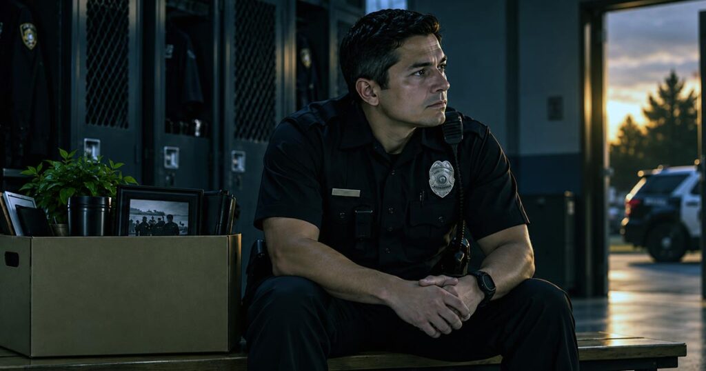Police officer sitting beside a packed box in a locker room, considering leaving the job.