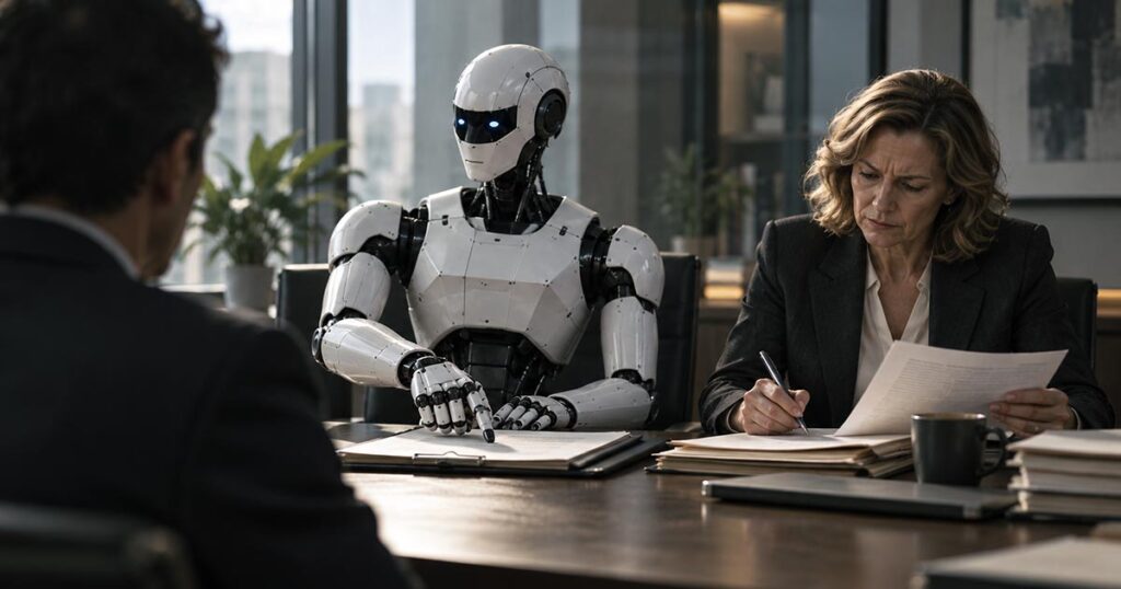 Humanoid robot pointing to paperwork as a supervisor reviews and signs documents across from an employee.