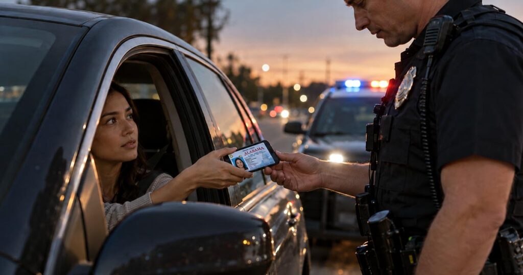 Driver hands a phone displaying an Alabama driver's license image to a police officer through an open car window at dusk.