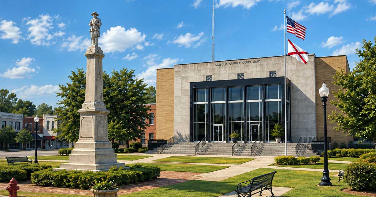 Barbour County Courthouse in Clayton, Alabama, with a Confederate monument in the foreground and American and Alabama flags outside the building.