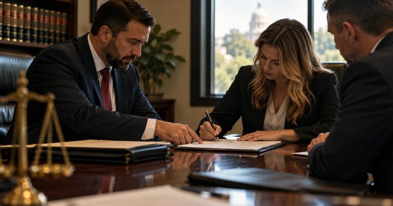 A woman signs a document at a conference table while a suited attorney points to the paperwork and another man observes.