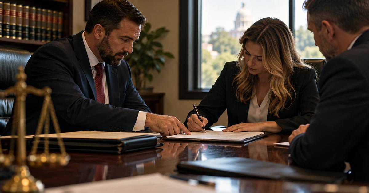 A woman signs a document at a conference table while a suited attorney points to the paperwork and another man observes.