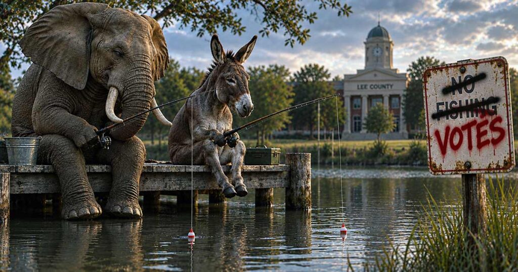 An elephant and donkey fish together from a wooden dock overlooking a pond, beside a sign with “NO FISHING” crossed out and “VOTES” spray-painted in red.