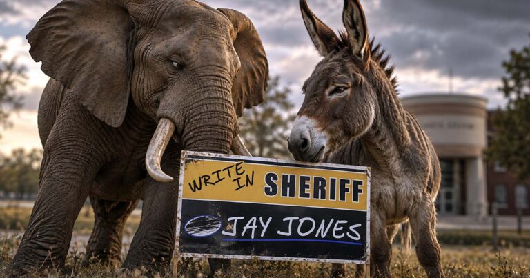 An elephant and donkey stand side by side behind a Jay Jones write-in campaign sign, with a blurred government building in the background.