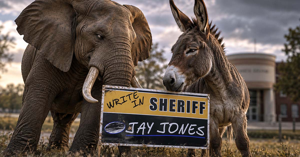 An elephant and donkey stand side by side behind a Jay Jones write-in campaign sign, with a blurred government building in the background.